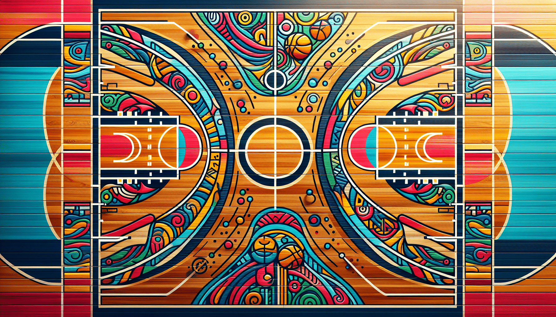An illustration of a basketball court and its markings.