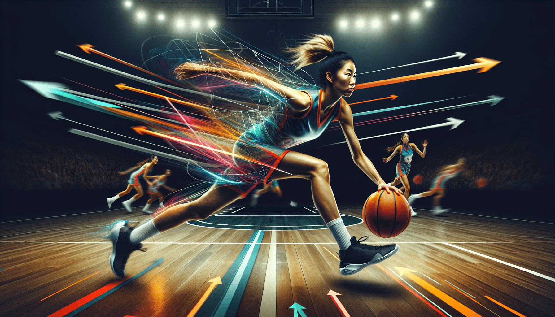 An illustration demonstrating how to play basketball with dribbling techniques.