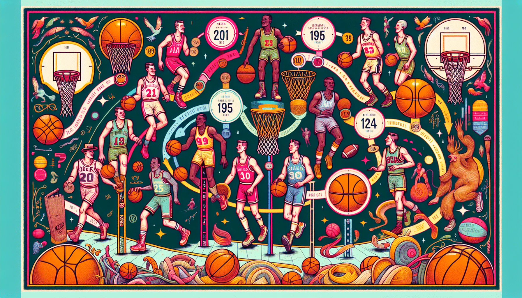 An illustration depicting the history and evolution of basketball rules.