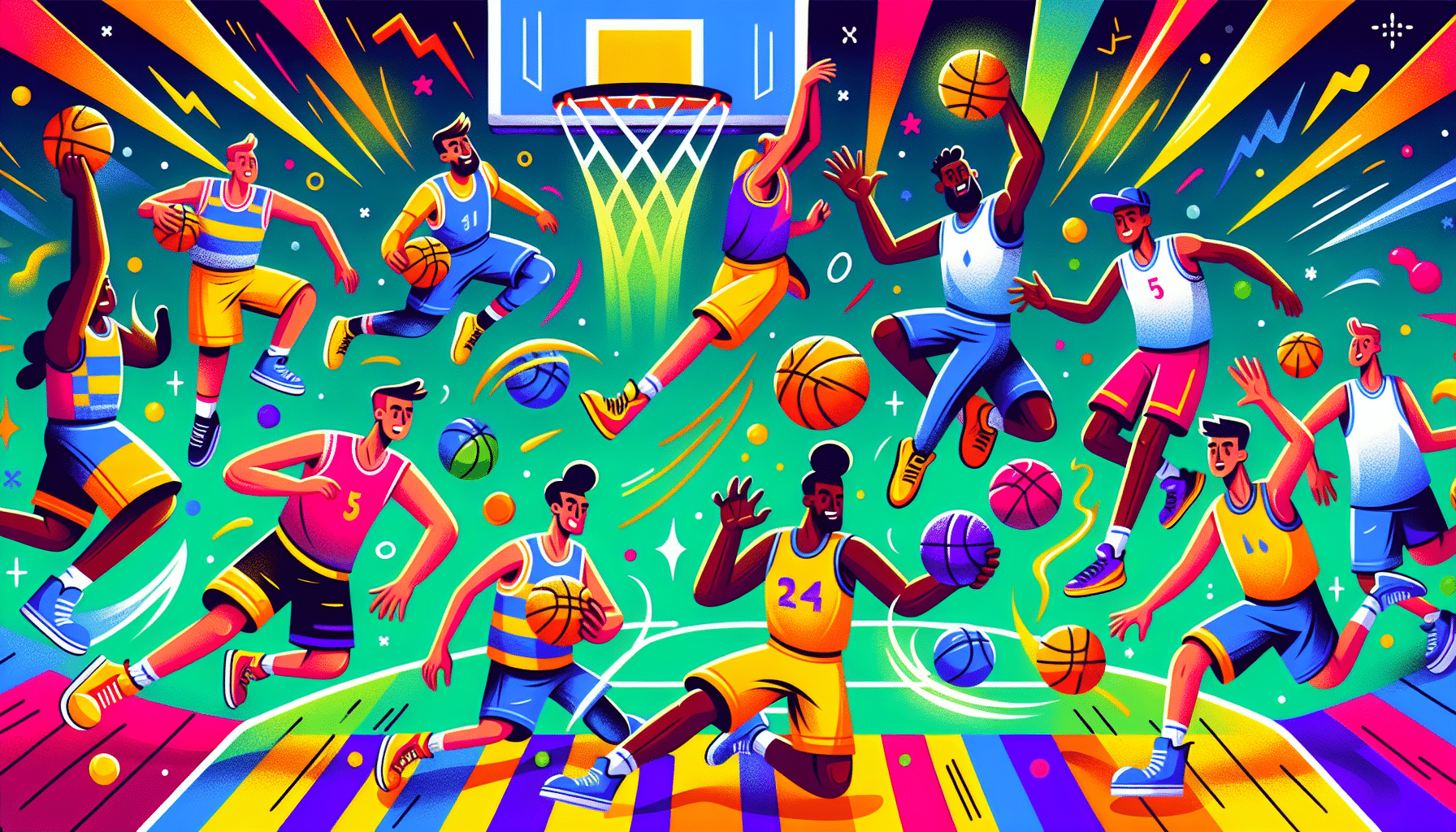 An illustration showing basketball players understanding the basic rules of basketball.